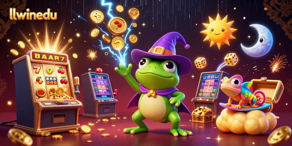 Experience the magical world of llwinedu as the weather wizard frog unleashes a storm of golden coins and chameleon rides a cloud.