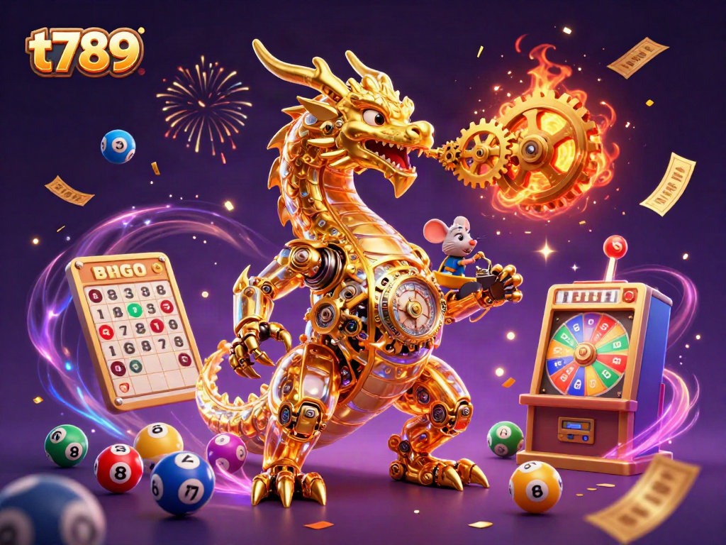 Experience the thrill of t789's gaming world with a golden dragon and vibrant lottery elements.