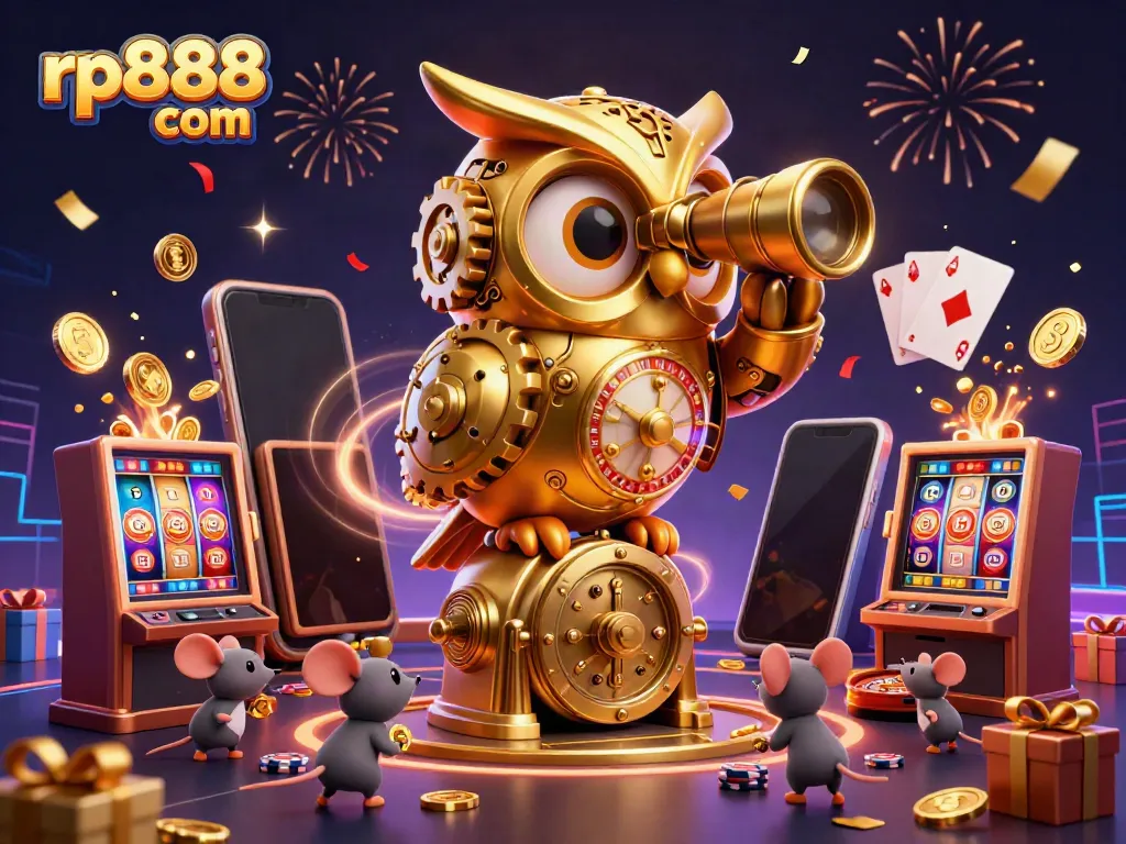 Experience immersive gameplay with rp888 com as the golden owl oversees the vibrant casino scene.