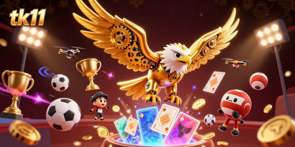 Experience the thrill of tk11 with golden eagle diving amidst gaming action and vibrant sports elements.