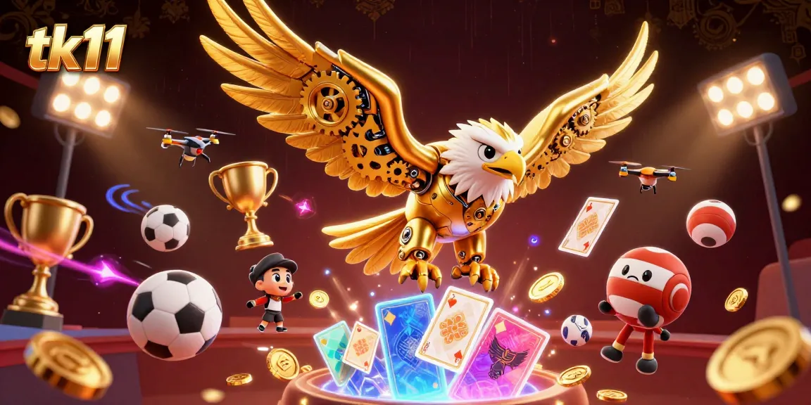 Experience the thrill of tk11 with golden eagle diving amidst gaming action and vibrant sports elements.