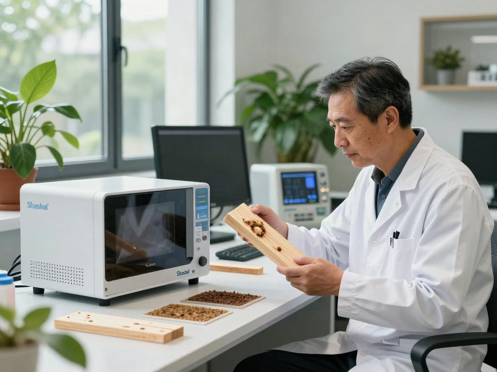 Technicien utilisant le système Shashel® pour traiter le bois contre les insectes avec une approche écologique.
