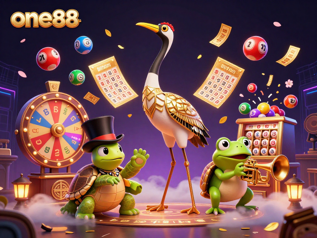 one88's vibrant casino scene featuring a whimsical turtle and a frog in a dynamic atmosphere of winning games.