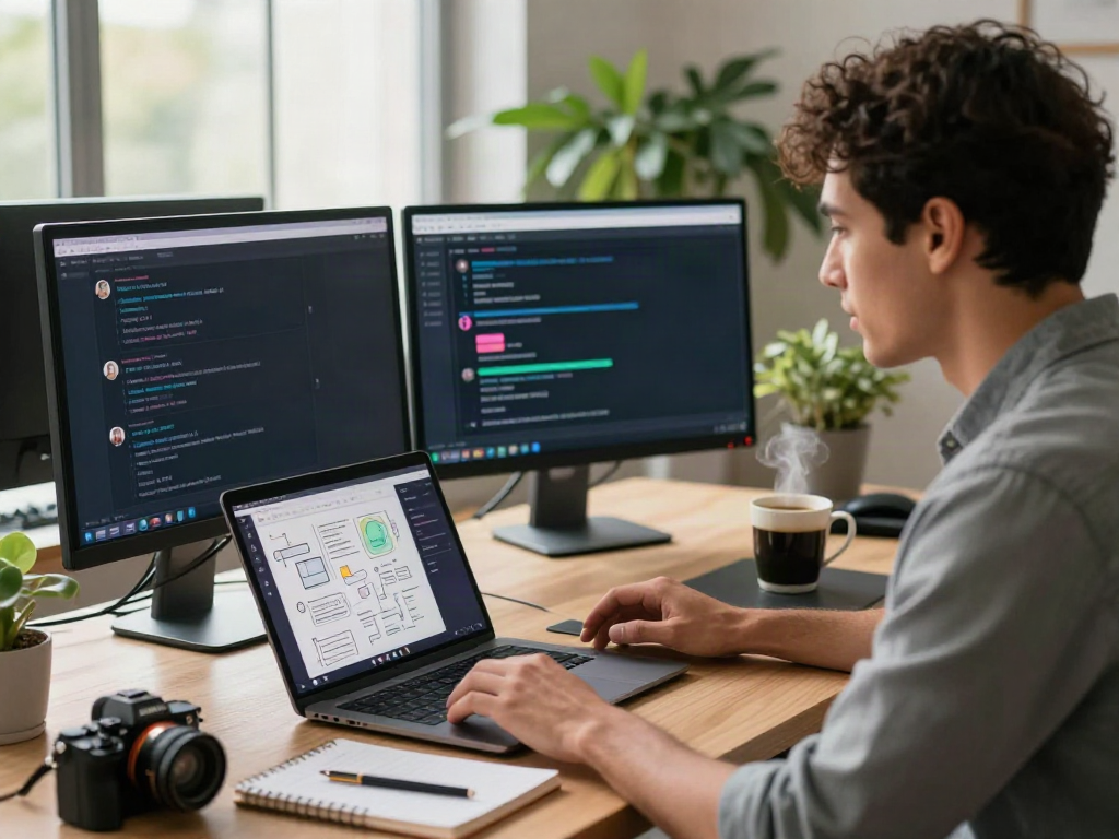 Person engaging in an uncensored AI chat at a modern tech workspace with vibrant chat interfaces and natural light.
