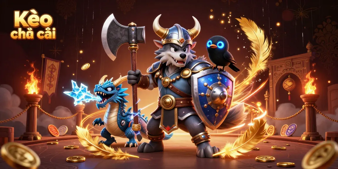 Kèo nhà cái engages players with dynamic showdown between a Viking wolf warrior, icy dragon, and raven amidst vibrant betting elements.