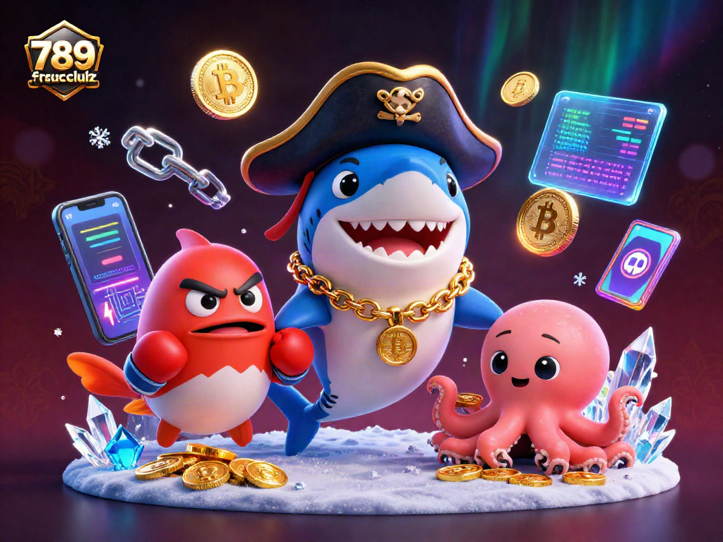 Experience thrilling gaming with 789club's vibrant characters and crypto elements in this exciting casino scene.