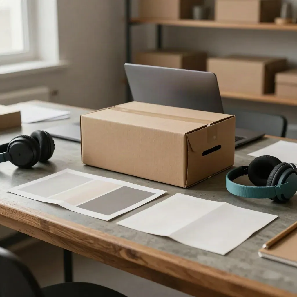 Boîte de projet créatif avec ordinateur fermé, mockups pliés, échantillons papier et casque.