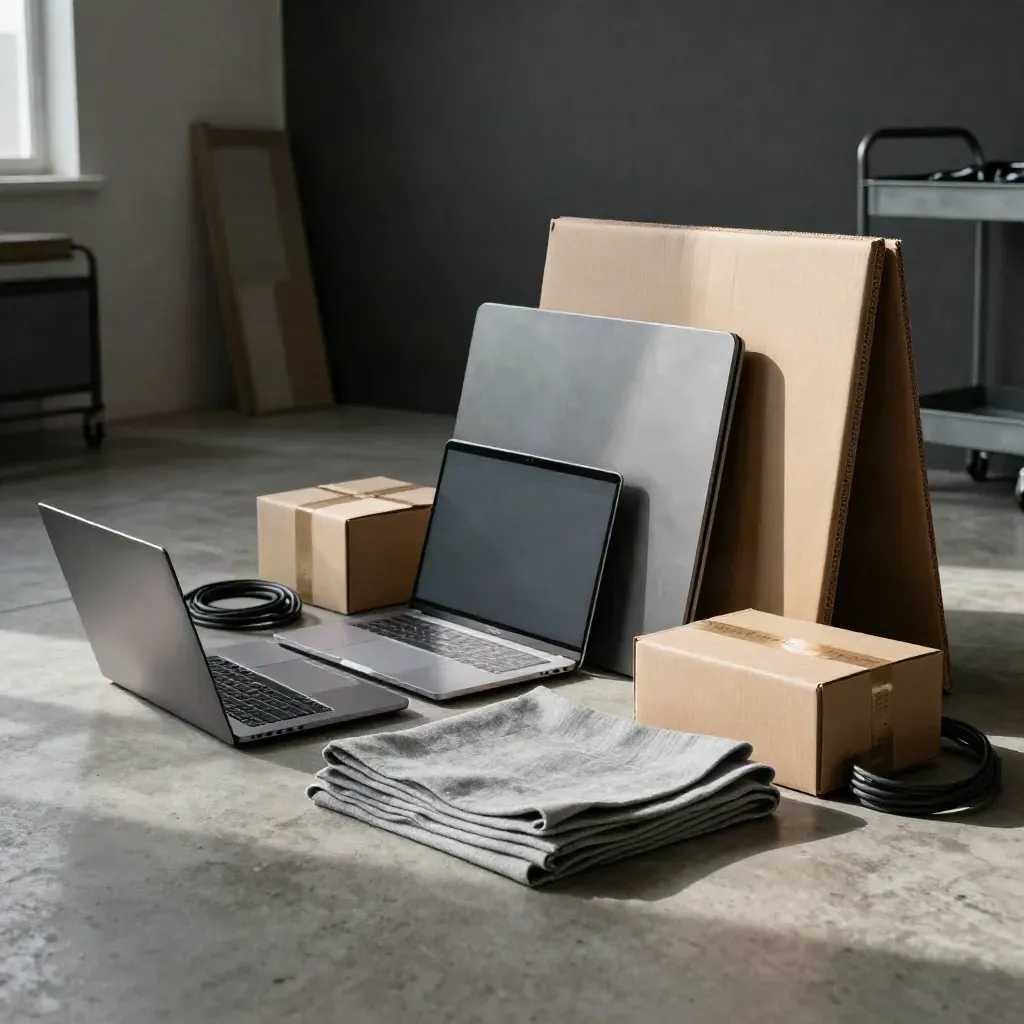 Studio de contenus prêt, avec ordinateurs fermés, matières, cartons et fond replié.