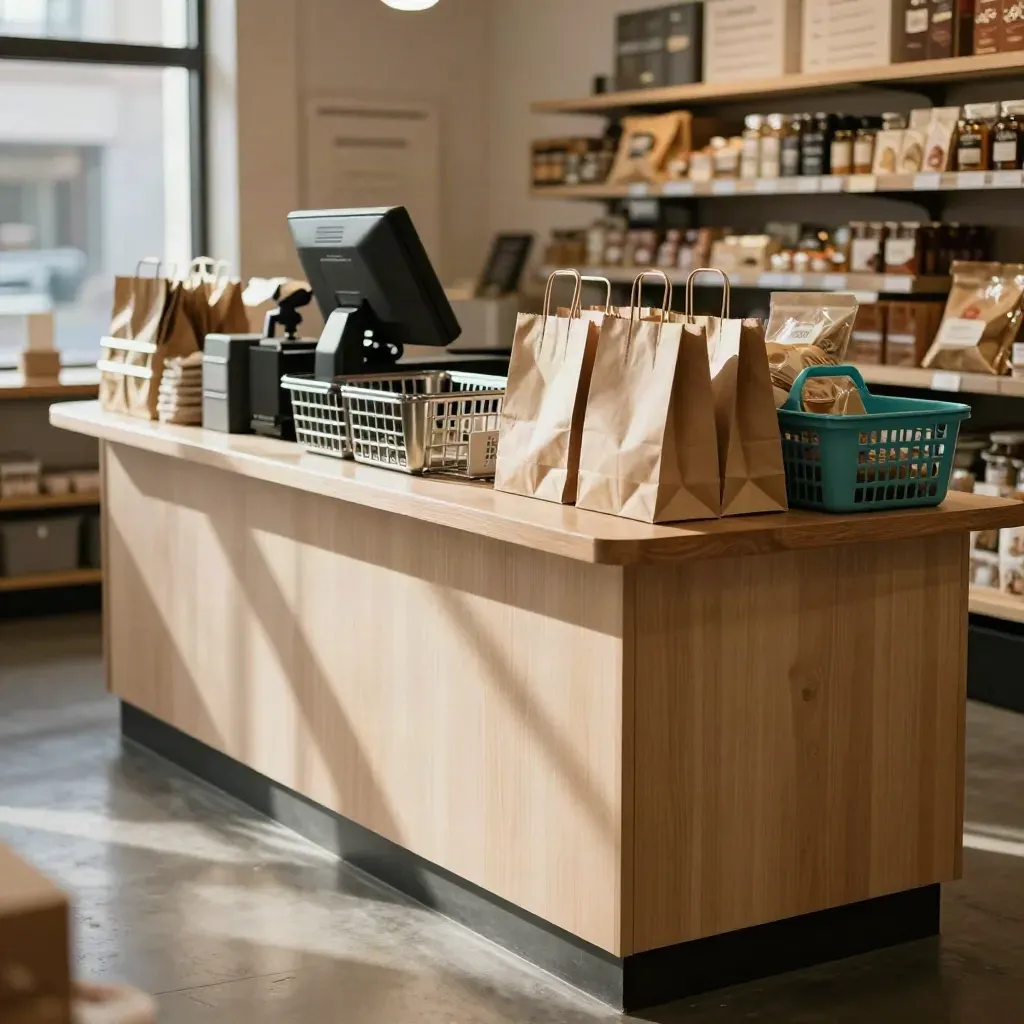 Zone de caisse d’une boutique, terminal éteint, paniers empilés, sacs prêts et présentoir chargé.