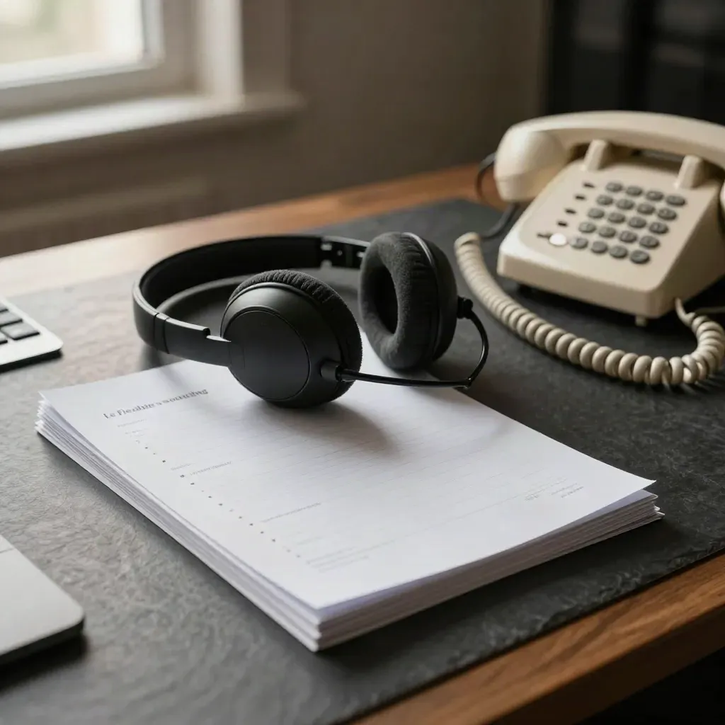 Anneau de fiches, casque de sourcing et téléphone fixe sur bureau sombre, lumière feutrée.