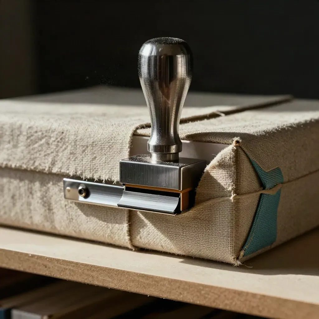 Gros plan d’un tampon métallique, d’une boîte d’archives fermée et d’un lin brut, lumière rasante.