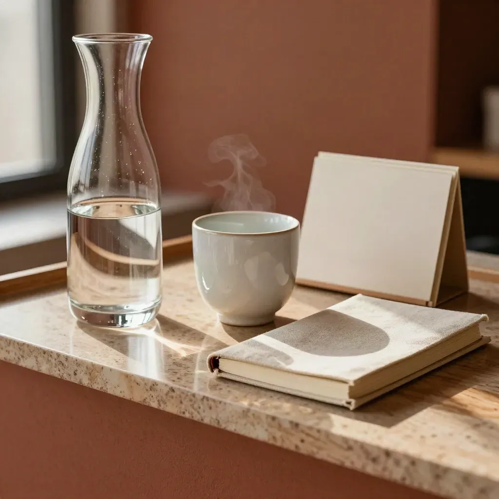 Plateau d’accueil premium avec carafe, tasse, carnet fermé et boîte de cartes vierges.