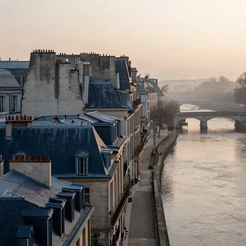 La Seine au lever du jour, toits haussmanniens et quais de pierre dans une brume douce.