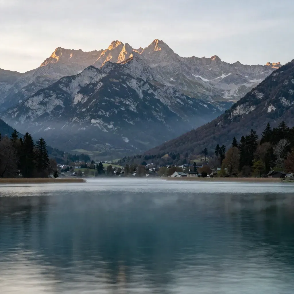 Lac d’Annecy calme, montagnes en brume et lumière dorée sur l’eau miroir.
