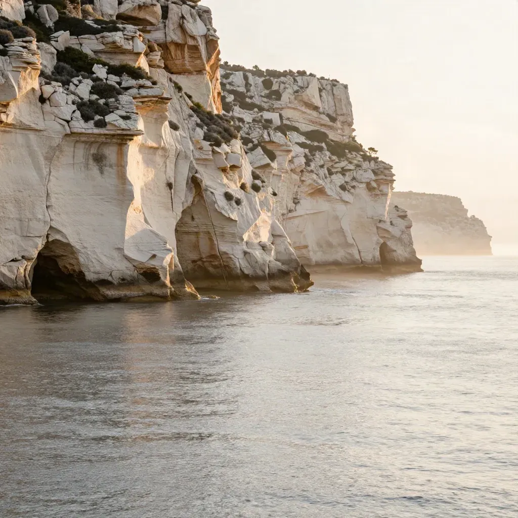 Falaises calcaires des Calanques sur mer calme au lever du jour, vue haute et brume marine.