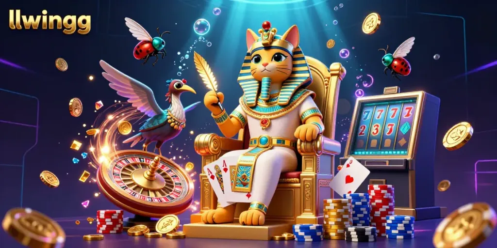 Experience llwingg's exciting gaming world featuring a pharaoh cat, roulette, and vibrant casino elements.
