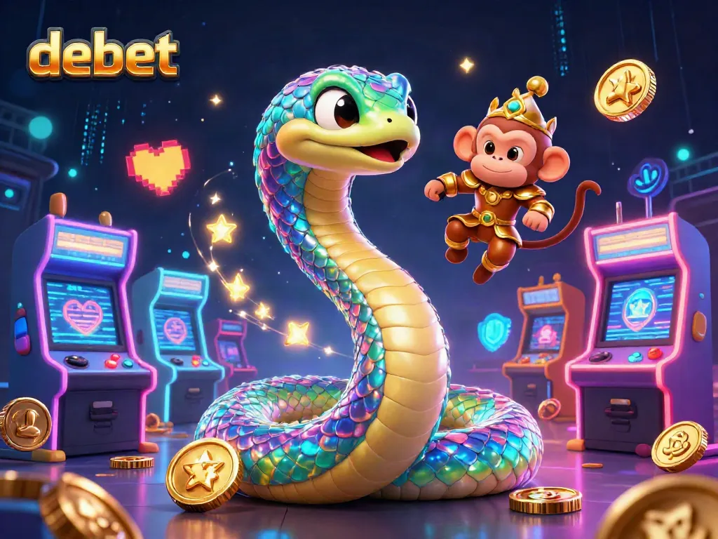 Engage with Debet's vibrant casino world featuring a rainbow serpent, monkey king, and arcade elements.