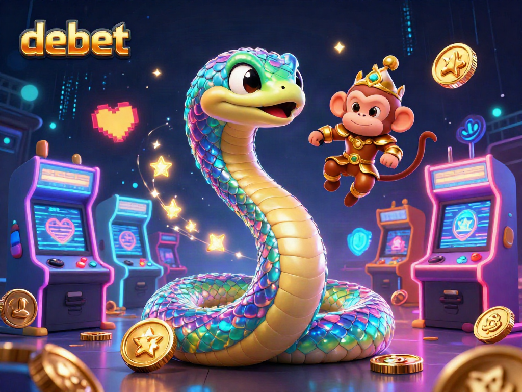 Engage with Debet's vibrant casino world featuring a rainbow serpent, monkey king, and arcade elements.