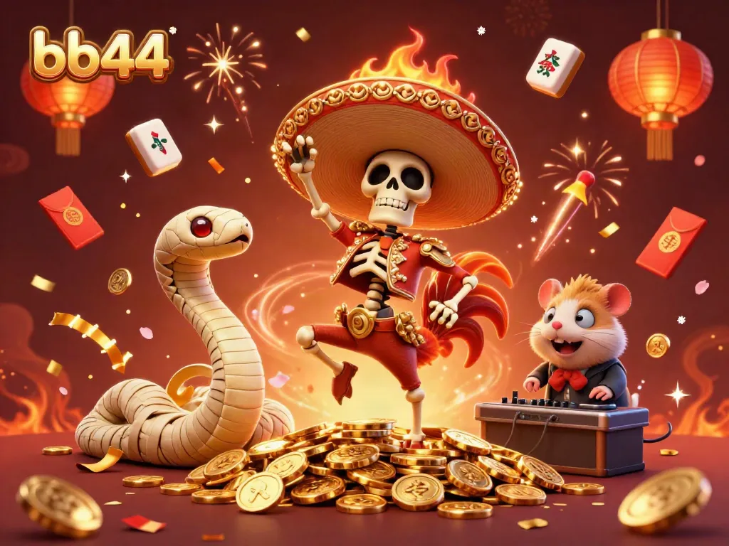bb44 dynamic victory dance of characters on gold coins in a vibrant casino scene