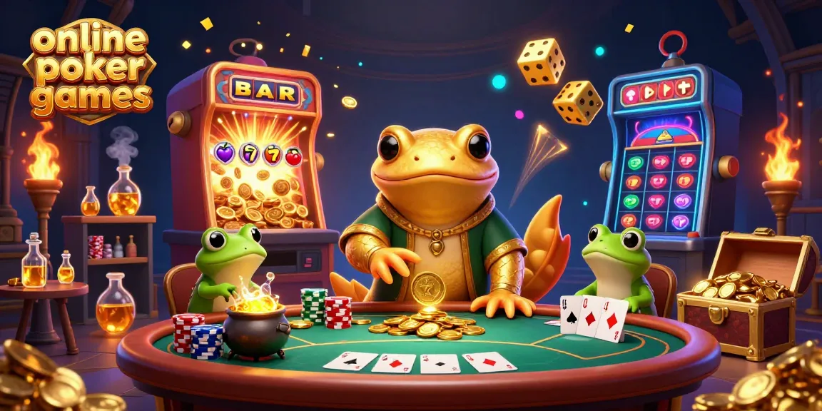 Experience thrilling online poker games in this vibrant 3D illustration with playful alchemists and dynamic gameplay elements.