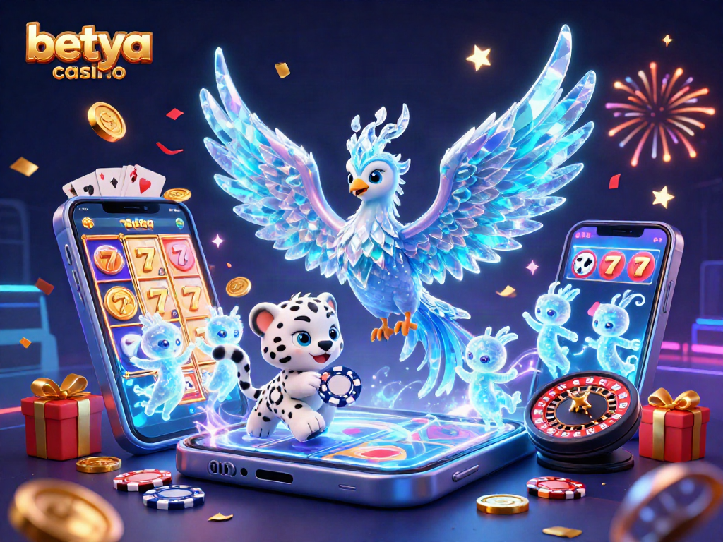 Engage with betya casino through exciting 3D elements featuring a phoenix, poker chip, and colorful slot games.