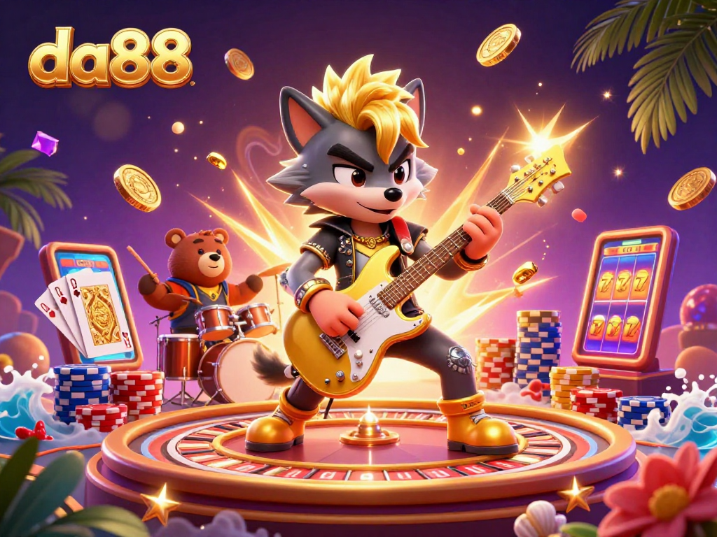 Celebrate wins at da88 with a vibrant 3D casino scene featuring a rocking wolf, coins, and roulette action.