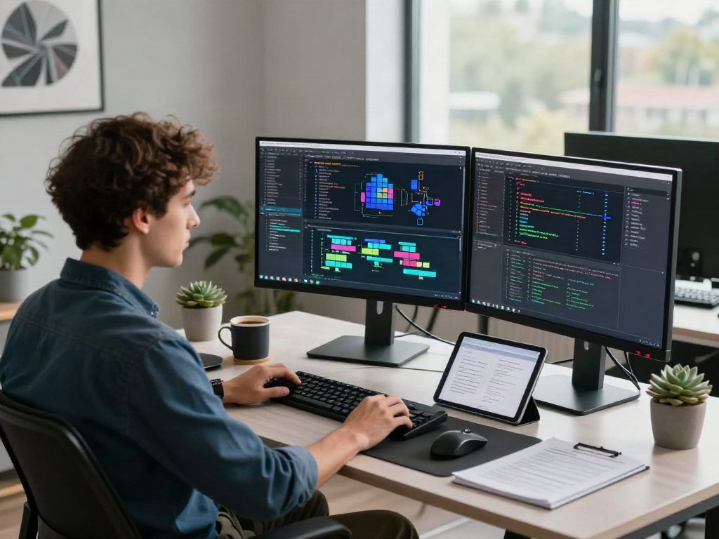 Développeur utilisant Atlas pro sur des écrans dans un bureau moderne.