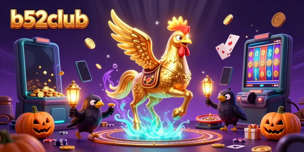 Experience the thrill at b52club as a golden rooster rides through a vibrant casino scene with playful crows and exciting slot games.